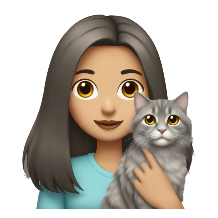Dark brown straight hair girl holding fluffy Siberian gray cat  sticker
