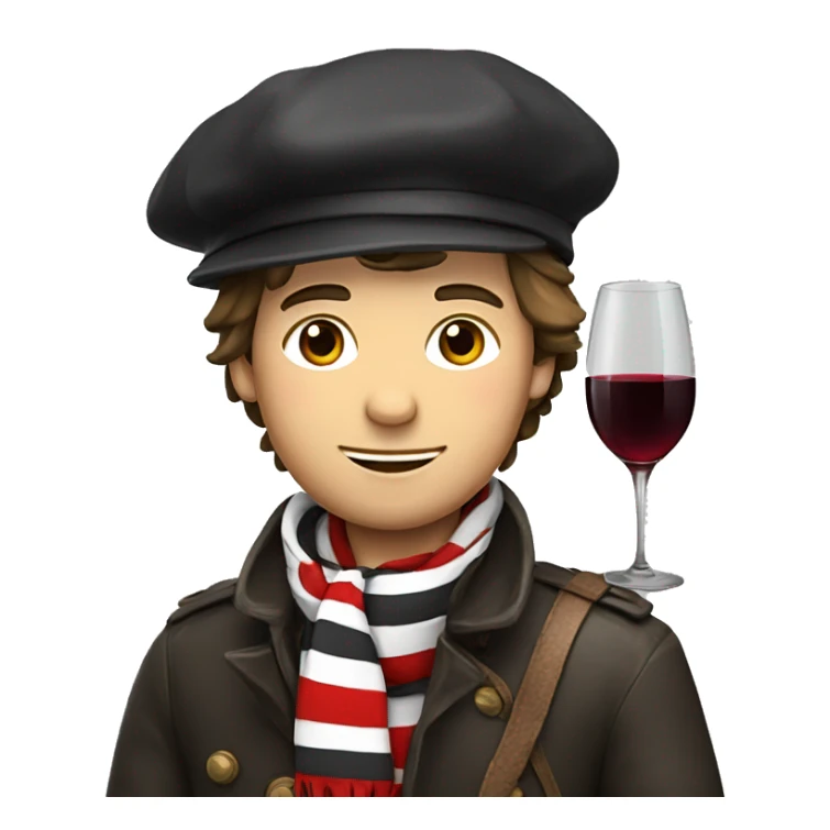 a french guy with a beret, black and white striped clothes, a red scarf and a baguette on his back and a glass of red wine sticker