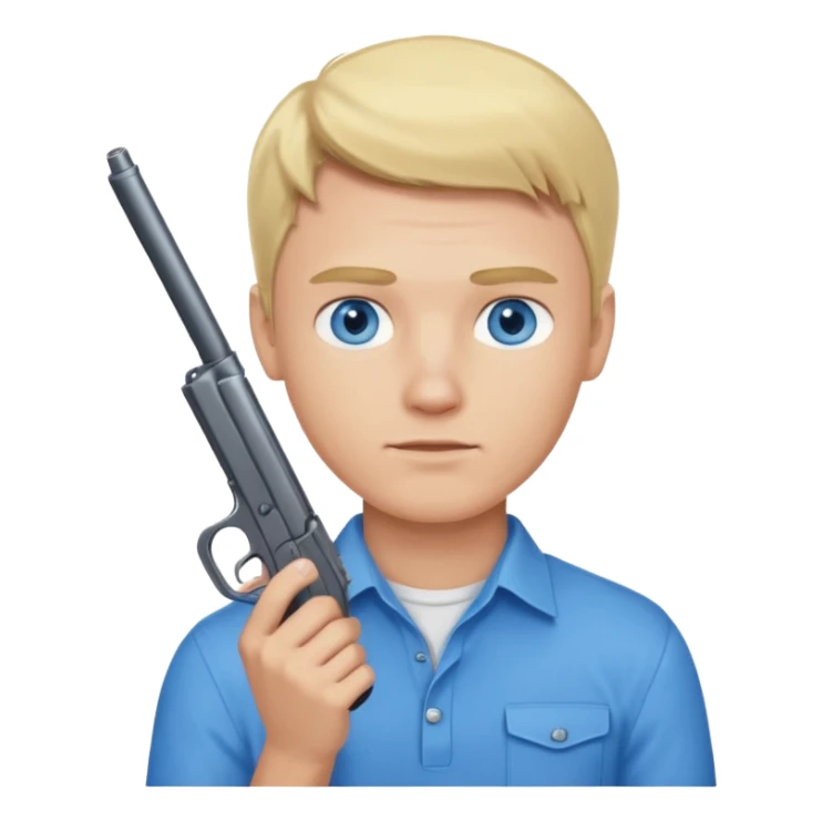 A blonde guy with blue eyes and blue shirt holding a gun sticker