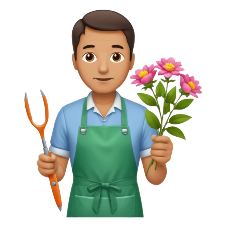 Middle-aged male florist – apron on, trimming stems with scissors sticker
