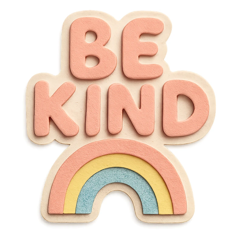"Be Kind" in whimsical bubbly hand lettering, soft pastel rainbow, cute positive sticker, high resolution, transparent background sticker