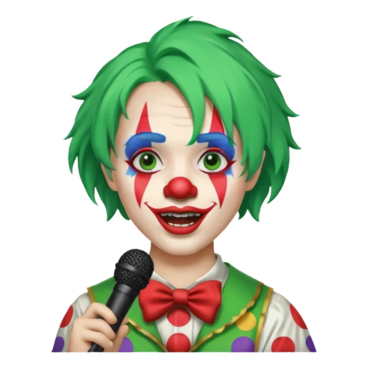 green haired, clown face painted, holding microphone, singing sticker