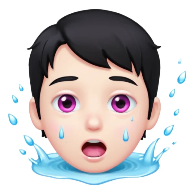 Boy with black hair, pink eyes rolled back, mouth open , water dripping from chin sticker