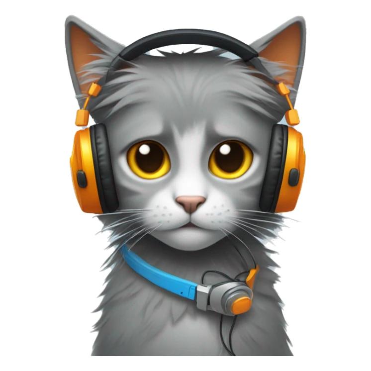 a grey anthropomorphic cat with one blue eye and one orange eye with messy black emo hair wearing yellow headphones sticker