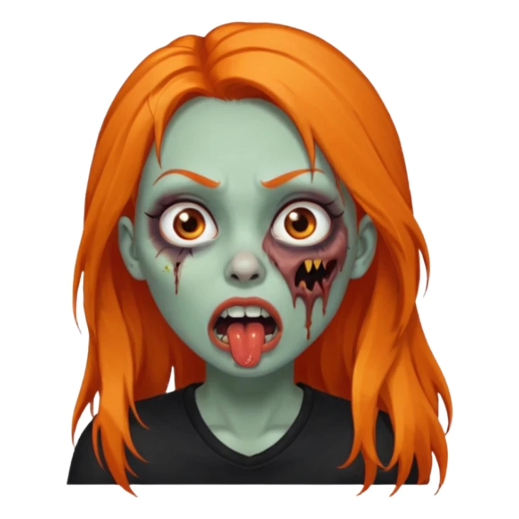 Faça uma zumbi feminina com cabelos longos e laranja, deve estar vestindo uma camisa preta e ter seus olhos castanhos escuro, não esqueça de colocar a sombrancelha da cor do cabelo e faça ela abrir um pouco a boca como um zumbi e adicione um piercing em seu nariz  sticker