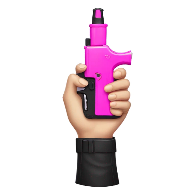 hand with pink nails holding large scary black water gun sticker