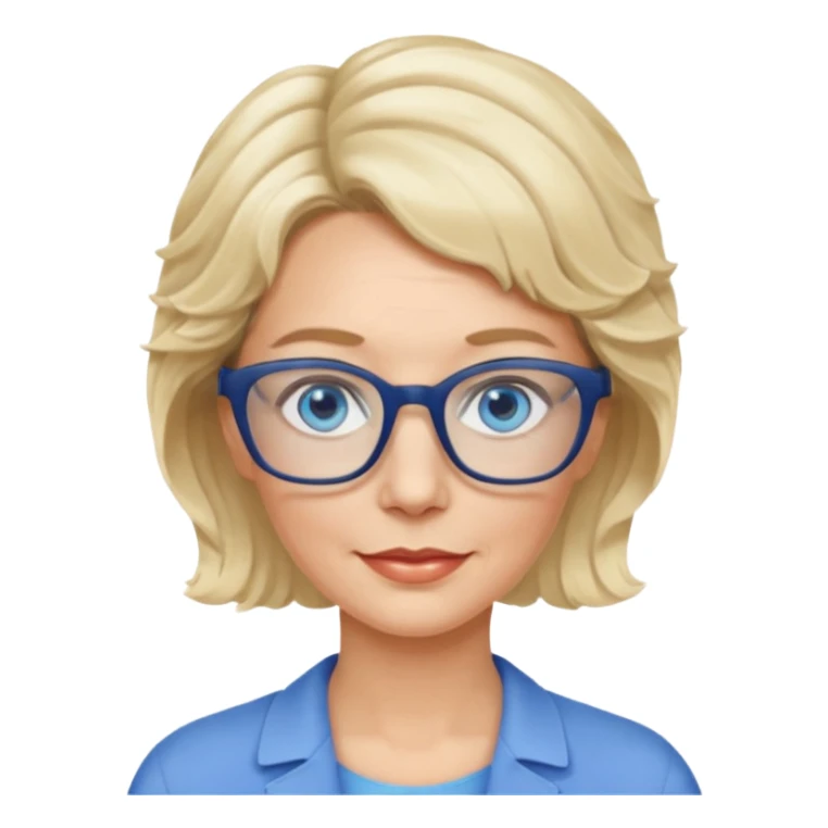 woman 60 very short weavy blonde haire, rectangle glases, blue eyes sticker