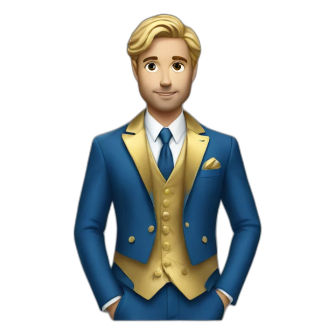 Posh-man-with-blue-suit-holding-gold sticker