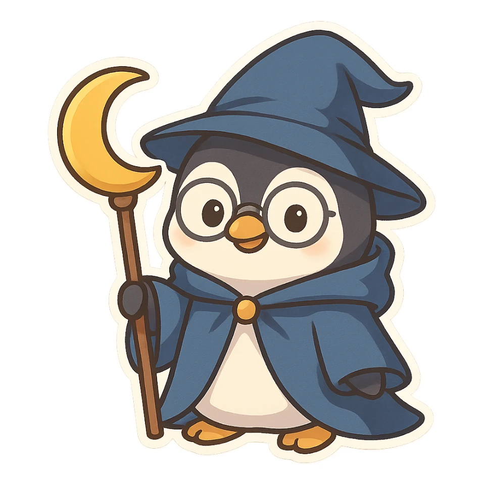 a cartoon penguin wizard with glasses, a blue cloak, and a crescent moon staff sticker