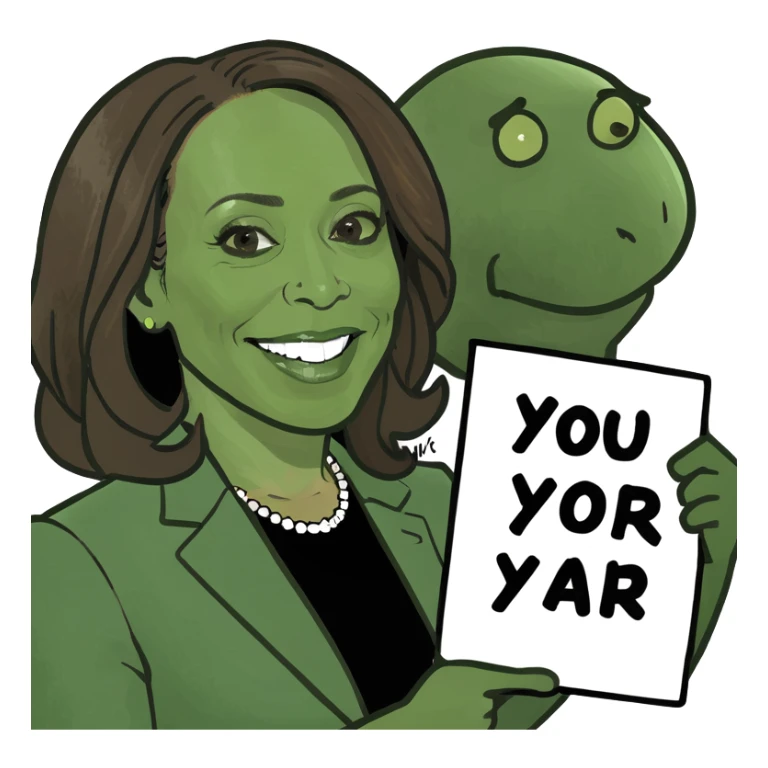 Kamala Harris bald holding a sighn saying I aborted my last brain cell sticker