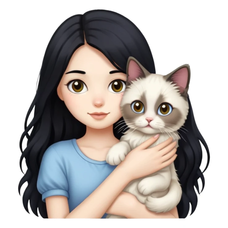 A girl with long black hair holding a cute ragdoll cat sticker
