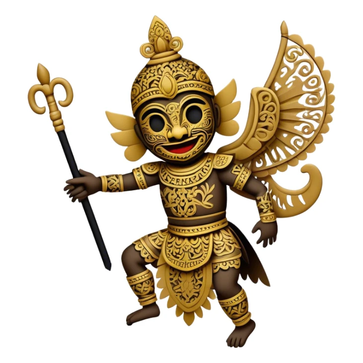 Cinematic Realistic Wayang Kulit Emoji, depicted as an intricate shadow puppet with detailed cut-out figures and traditional patterns, rendered with crisp textures and dynamic cultural lighting that captures its ancient artistry. sticker