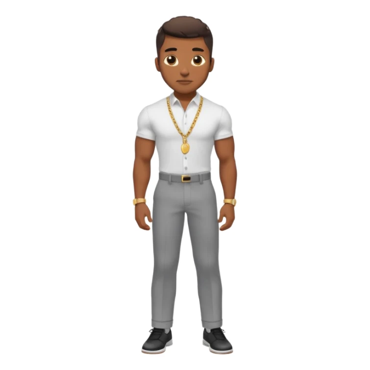 Handsome Black guy with brown skin tone, with lean muscular build, wearing gray slacks, a white button up top, black shoes, and a gold chain sticker