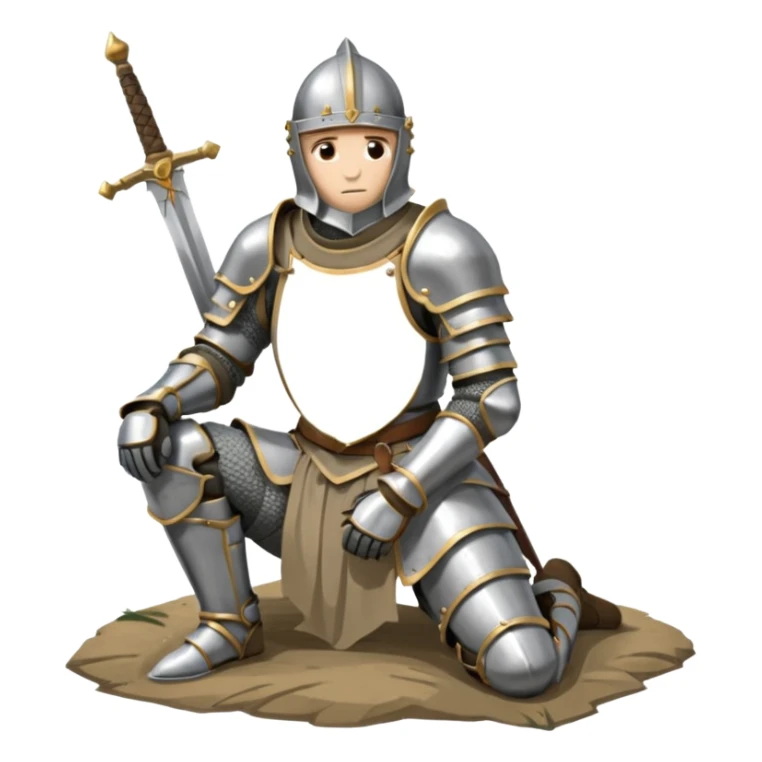 A lone medieval knight in plate, worn armor kneels. His helmet is closed, hiding his face, conveying silence, exhaustion and contemplation. A long sword is planted in the ground beside him, its hilt resting near his gloved hands as if he is praying or resting after battle. sticker