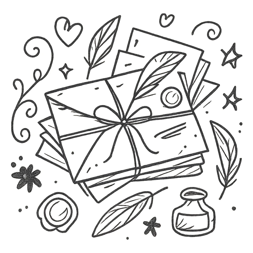 Стопка старинных писем в стиле дудлинг — конверты перевязаны шнуром или ленточкой, некоторые слегка приоткрыты, из них выглядывают пергаменты, карточки, перья. Вокруг — декоративные элементы: завитки, сердечки, звёздочки, чернильные пятна, сургучные печати, штампы, перья и чернильницы. sticker
