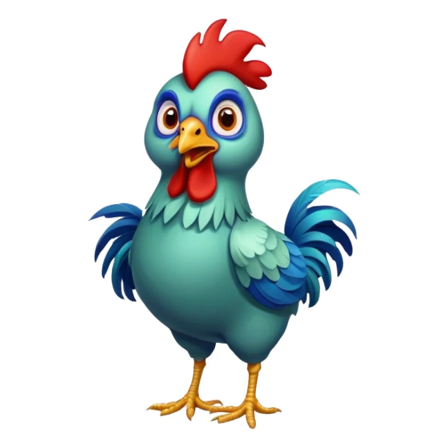 A funny rooster chicken with blue-greenish body, red comb, large eyes and silly expression, skinny legs sticker