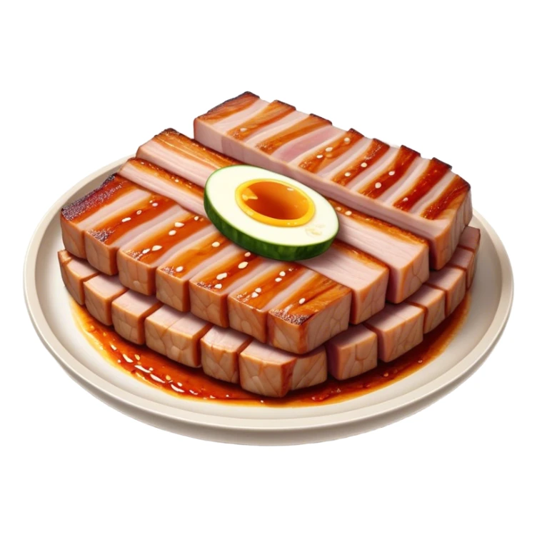 Cinematic Realistic Samgyeopsal Dish Emoji, depicted with sizzling, thick slices of pork belly grilled to perfection rendered with rich textures and warm, inviting lighting. sticker