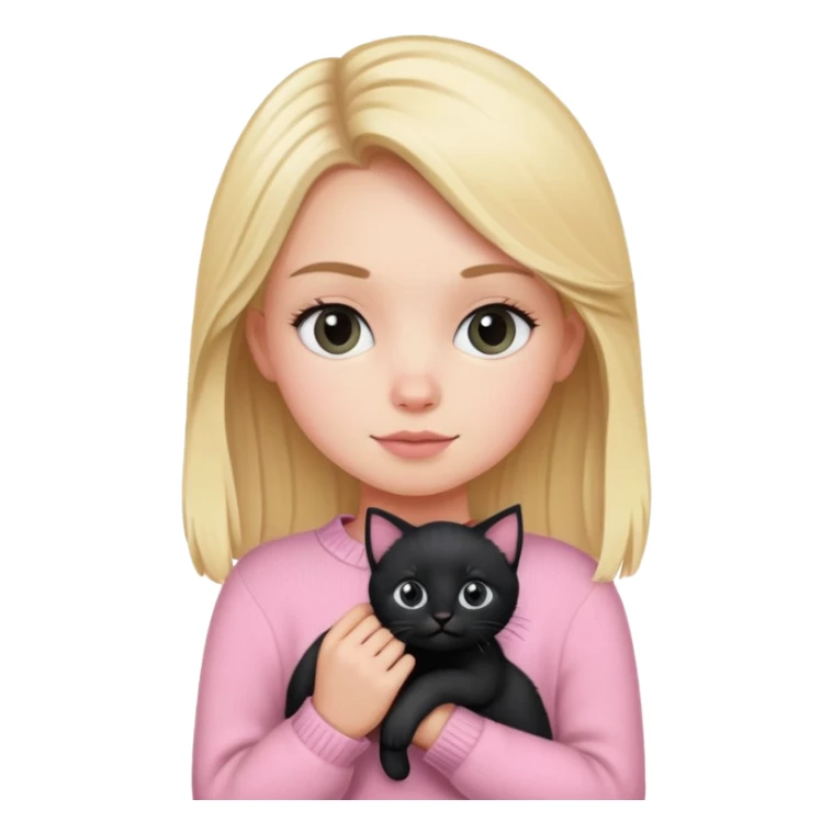 Blonde white girl wearing pink sweater holding black kitten sticker