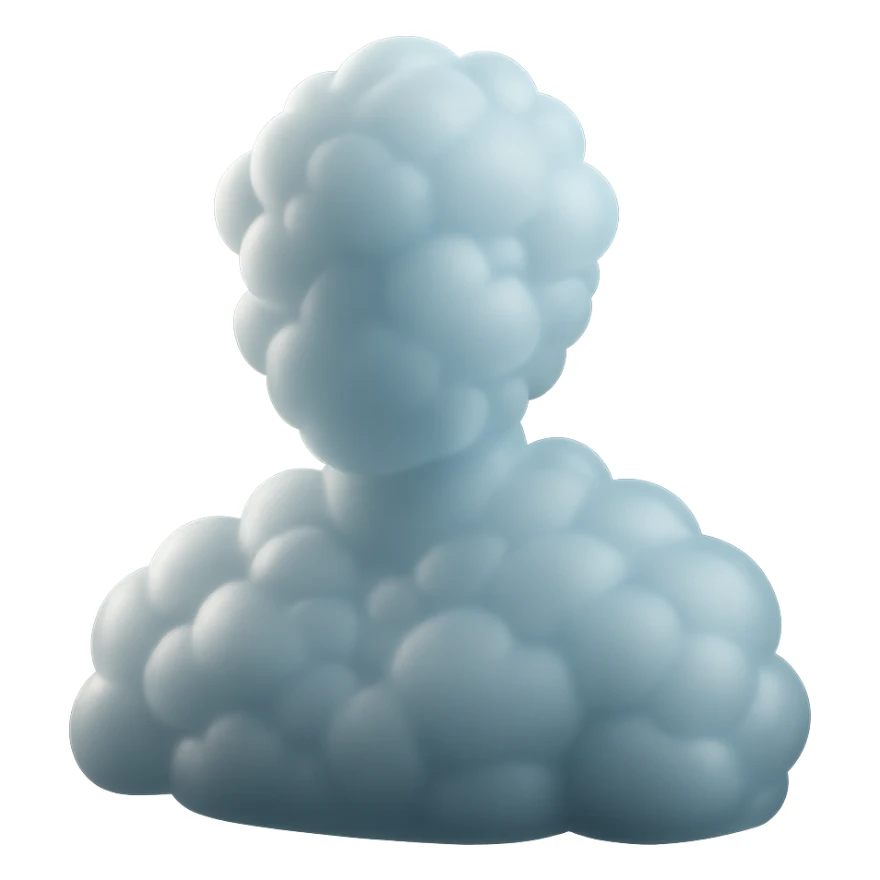 shoulder-up person fully made of white fluffy bulging clouds, matte glass style sticker