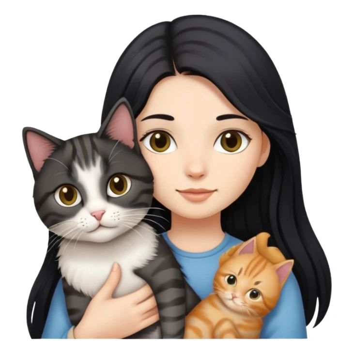 Long black hair girl holding a haired tabby cat sticker