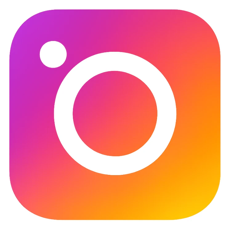 Modify the icon to have the exact Instagram official color gradient with purple, pink, orange, yellow, and white. The shape should be a rounded square with a camera lens. The style should be simple and modern with a transparent background. sticker