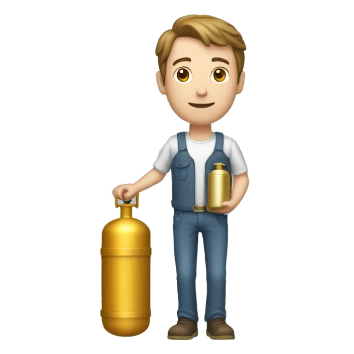 thin, white man, 1.71 tall, holding a gold gas cylinder sticker