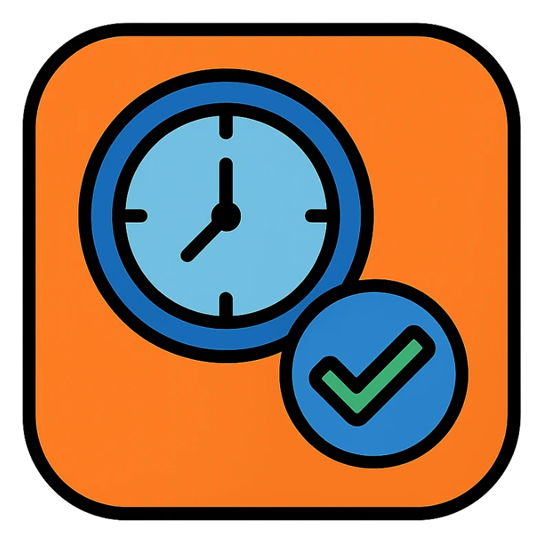 app icon with a clock and checkmark, symbolizing attendance tracking, modern icon style sticker