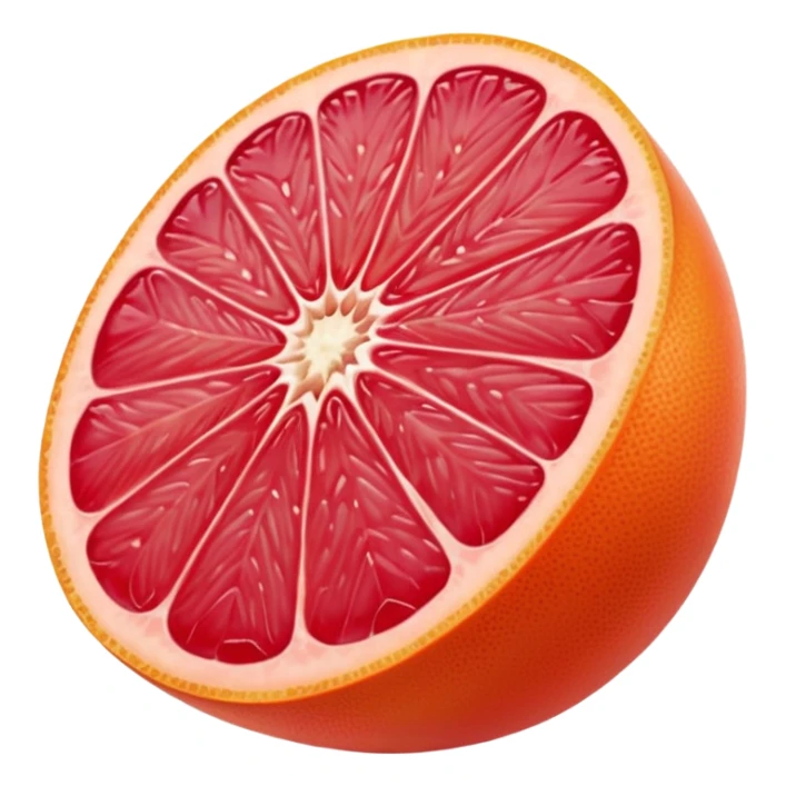 pink grapefruit with whole glossy orange-pink peel, thick wedge slice, juicy red-pink segments, moist translucent interior, clean defined segments, no leaves, no juice, no background, soft lighting, emoji scale sticker