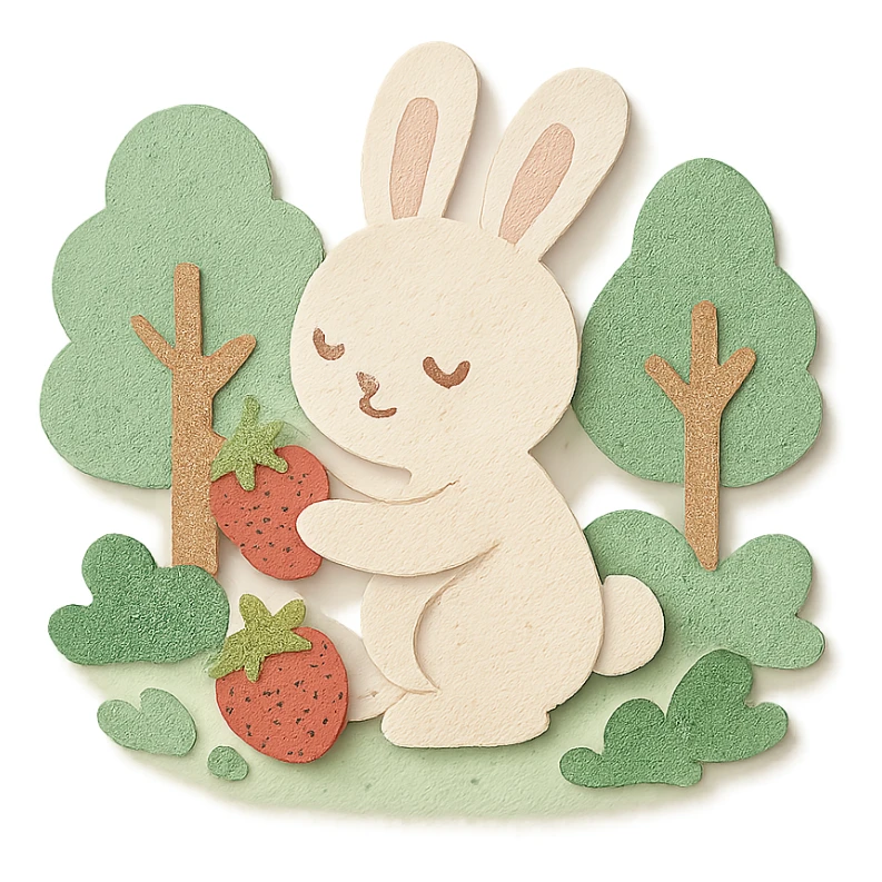 bunny picking strawberries in the woods, sweet pastel red, soft pastel color sticker
