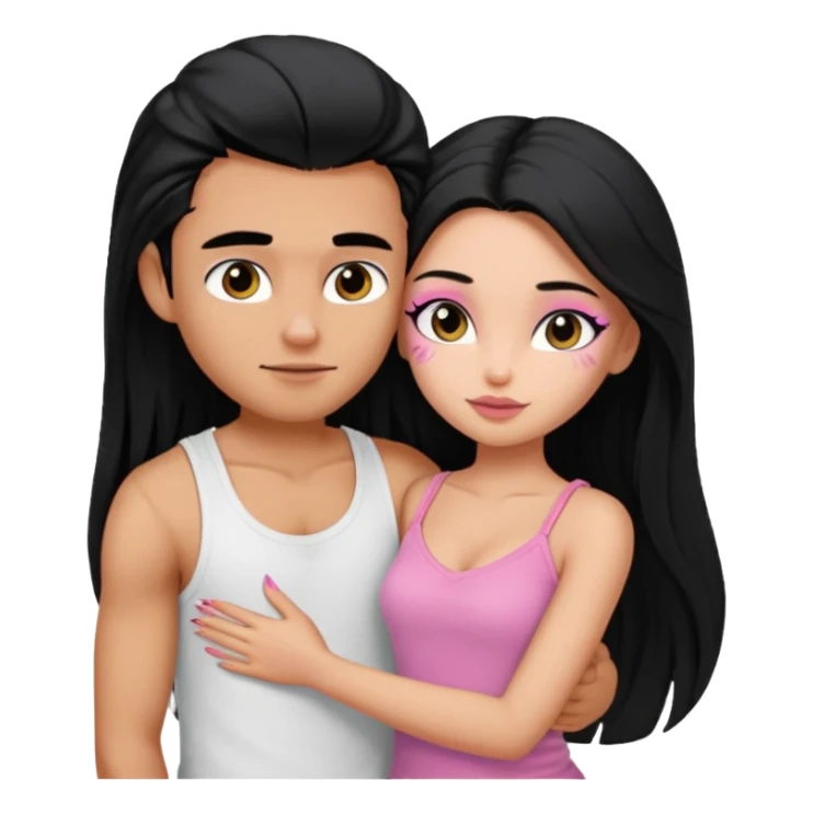 generate a pretty tan bratz boy wearing a white tshirt. Hugging a fair girl with long black hair, eyeliner, wearing a pink cami.  sticker