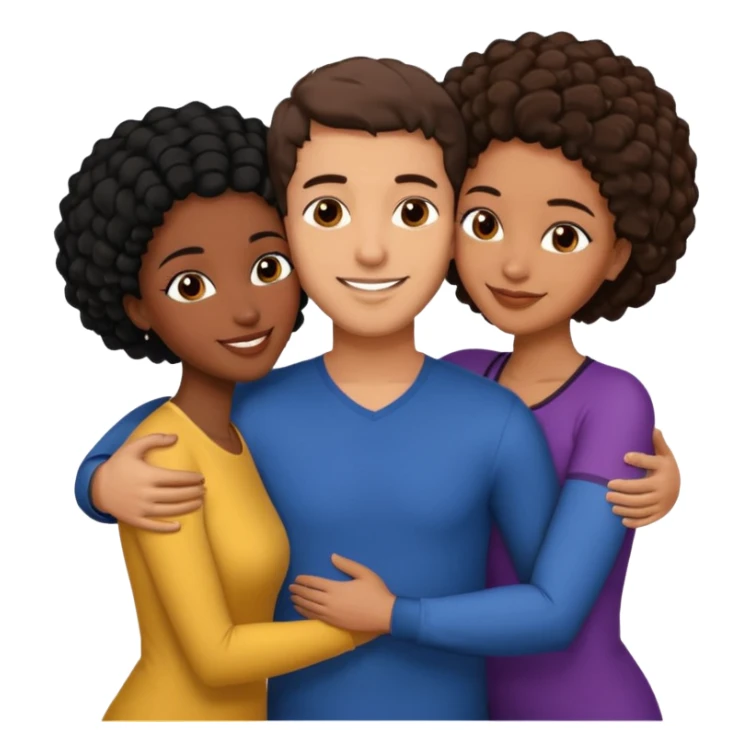  middle Eastern man with short brown hairwith two black african women both are African one is medium tone skin black and one is medium tone black with african hair styles. and they are all smiling and putting their arms around each other and kissing and hugging. sticker