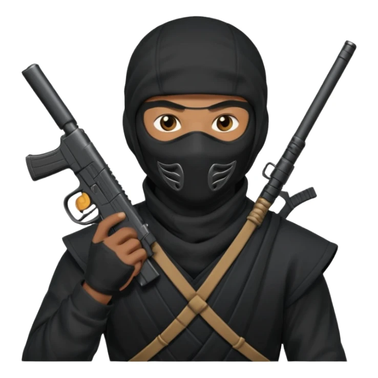 A black male in a ninja mask with a gun sticker