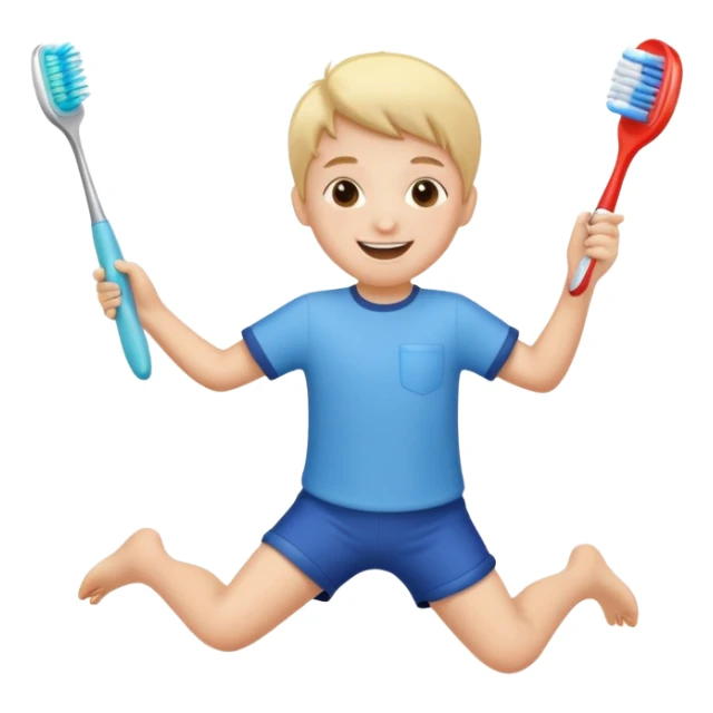 Creat an emoji for kid jumping and holding toothbrush sticker