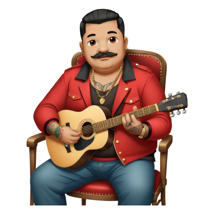 Icon for Chanson: Old fat chanson singer with tattoos and small moustache, red jacket, gold chains and braslettes, sitting on a chair with an acoustic guitar and standing microphone. No earrings. The atmosphere should reflect a nostalgic, soulful vibe with vintage elements. Transparent background. sticker