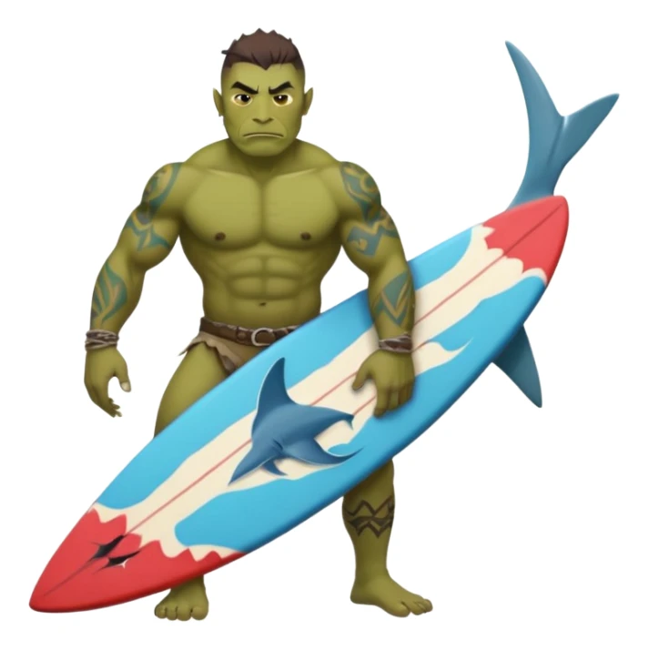 orc male holds a surfboard with a shark painted vertically in his hands sticker