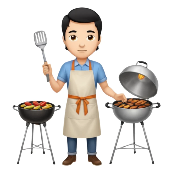 man cooking barbecue full-body black hair light brown skin sticker