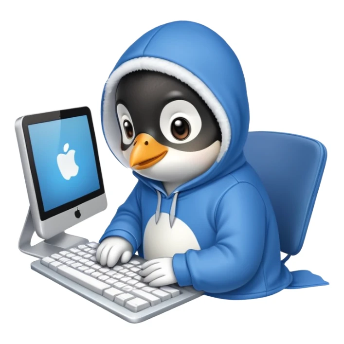 A cute penguin wearing a cozy hoodie typing on a computer keyboard sticker