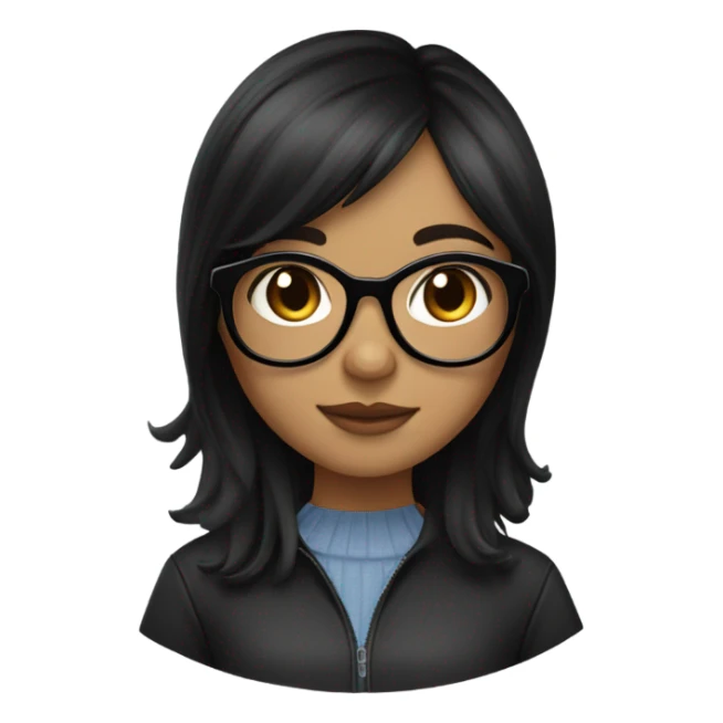 girl with slightly wavy black hair medium length  in layers has curtain bangs tanned skin brown eyes black circular glasses sticker