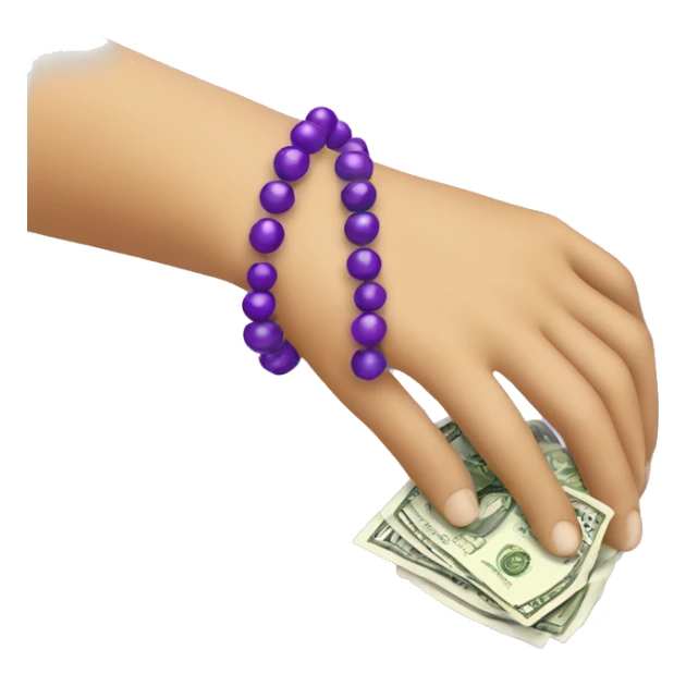 hand with purple bead bracelet holding money sticker