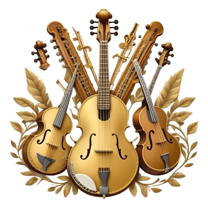 Create a grand, heraldic-style emoji collage representing plucked string instruments. The design should resemble a majestic emblem, featuring a collection of iconic instruments such as a banjo, mandolin, domra, sitar, and other plucked string instruments. Arrange the instruments symmetrically, with their necks and strings intertwining gracefully like a coat of arms. A flowing ribbon of musical notes should elegantly weave through the instruments, creating a sense of harmony and movement. The emblem should have a luxurious, golden and bronze color palette with intricate decorative elements, adding depth and a professional touch. Subtle lighting effects should highlight the polished wood and metal strings of the instruments. The background should be transparent, making the design adaptable for various uses sticker