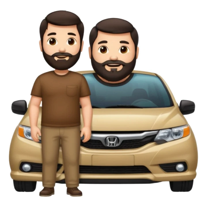Emoji style illustration of a bearded, chubby man with dark hair, standing next to a black Honda Civic. Cute, detailed, and colorful emoji design. sticker