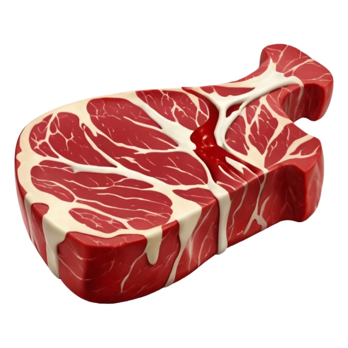 raw côte de bœuf steak, thick marbled beef with rib bone, richly red meat, visible marbling, smooth curved bone, fresh moist texture, natural grain, fatty edges, premium cut, clean 3D look, soft lighting, no grill or garnish, no faces, emoji scale sticker