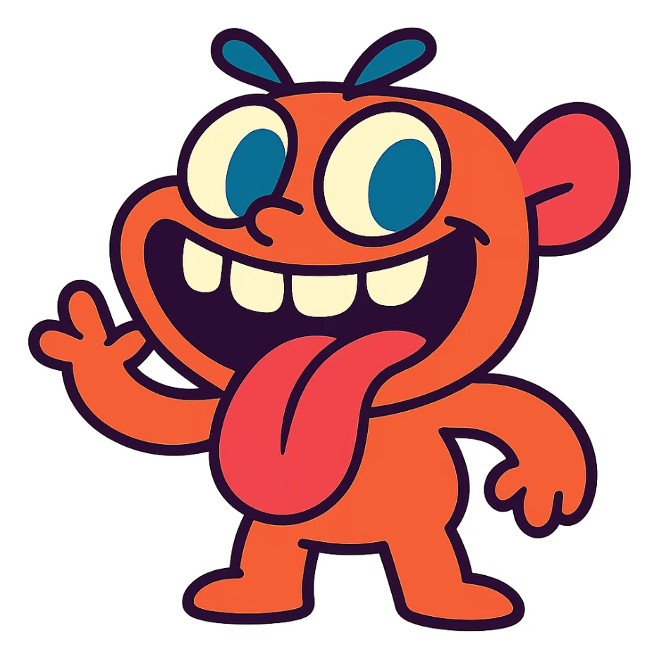 cartoonish character with big teeth and a big tongue, playful expression, vibrant colors, bold lines, cute style sticker