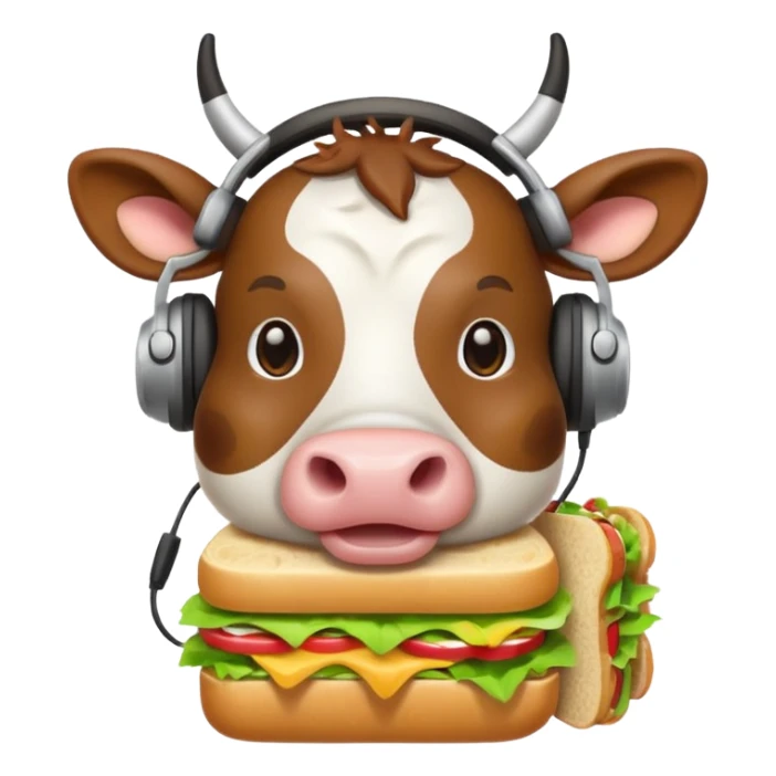 cow with big headphones eating a sandwich, apple emoji style sticker