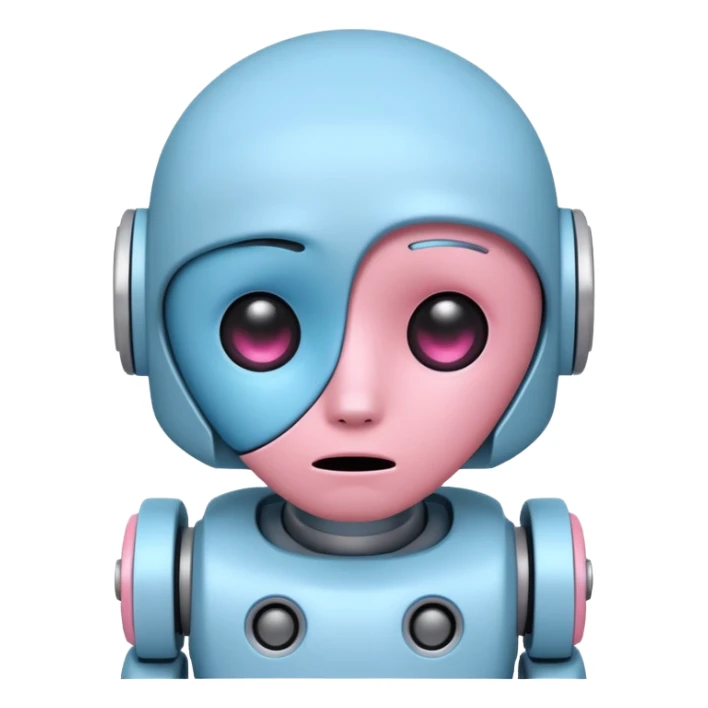 cute sad robot, pastel blue and pink, downturned mouth sticker