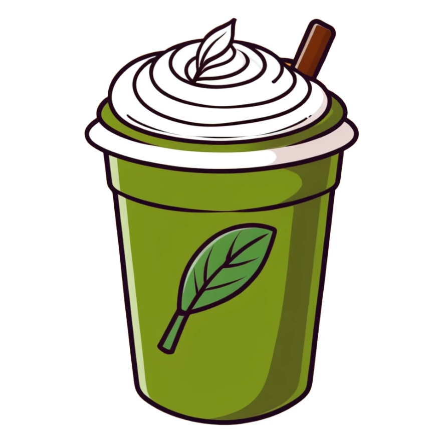 matcha latte with leaf detail, warm olive-brown tones, soft dreamy illustration sticker