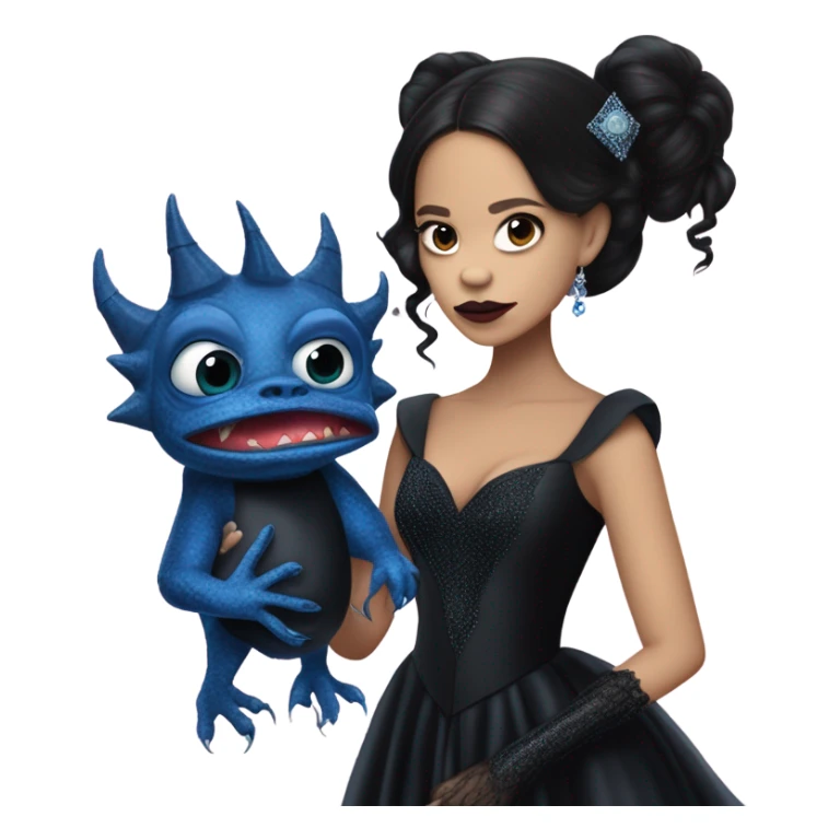 relaxed low-cut back silk black evening gown with lace gloves, Jenna Ortega as Addams woman prom queen wearing a mini diamond tiara, very large blood blue evil-looking horned old dragon hand puppet sticker