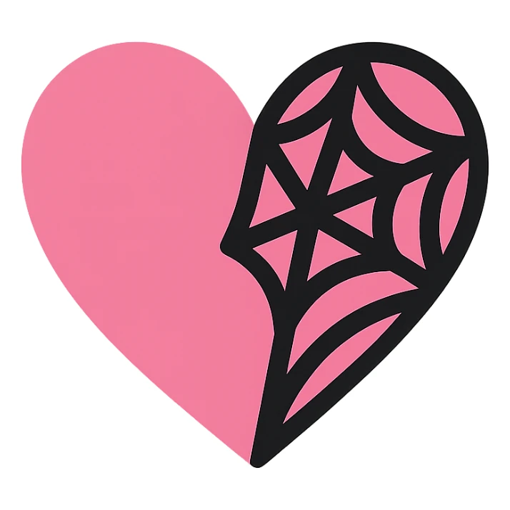 gothic heart with a spiderweb, color icon filled style, pink and black sticker