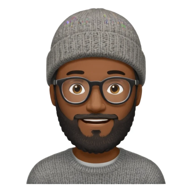 A dark-skinned man with a gray knit beanie, black glasses, a full beard, and a friendly smile. sticker