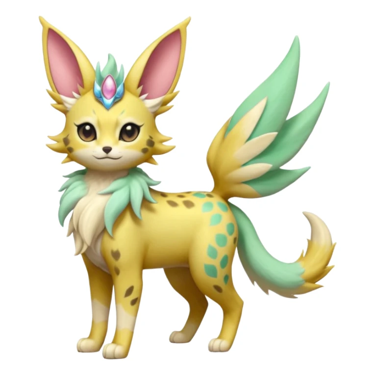 Epic complex detailed pastel minty green, pastel beige yellow pastel realistic aesthetic-scenic-Fakémon-Zorua-Litten-Leafeon-Sylveon-Trico-Sergal-Serval-Vernid-creature (full body) with far wings, shiny sparkly fairycore theme  sticker